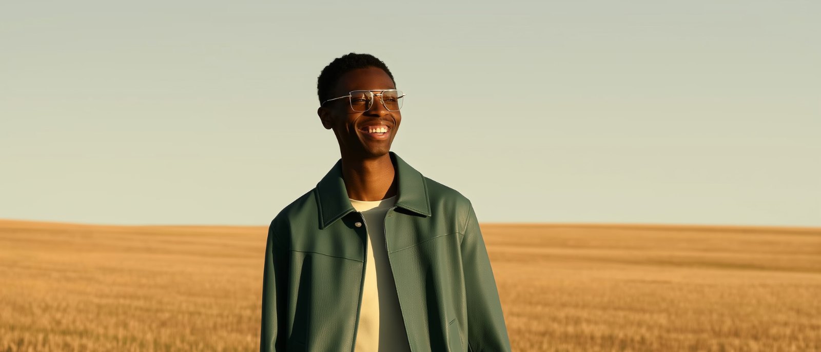 A smiling young man in eyeglasses at golden hour
