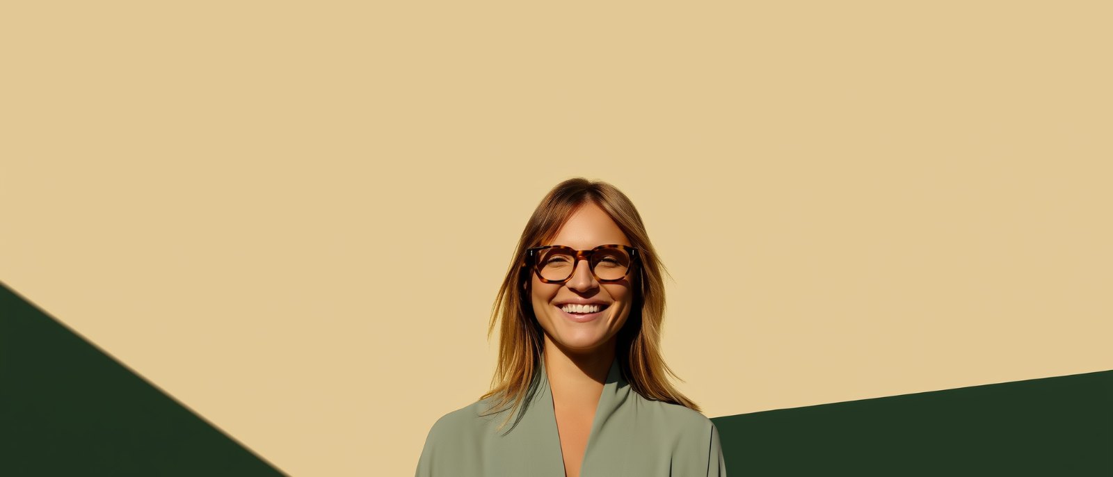 A smiling woman wearing tortoiseshell eyeglasses