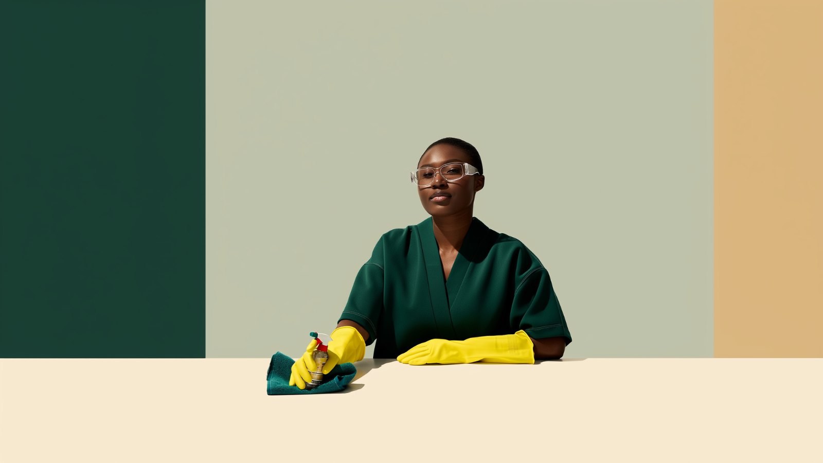 Cleaning a kitchen counter wearing gloves and protective glasses