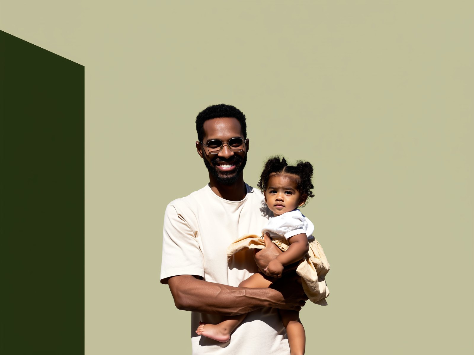 A father in eyeglasses carrying his daughter and waving
