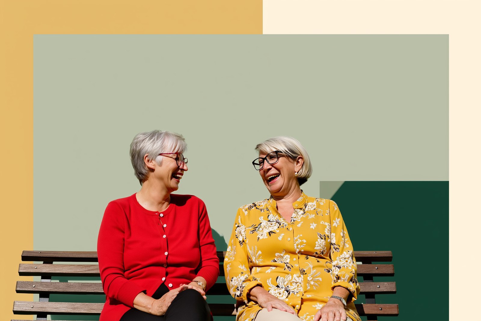 Two older women laughing together on a garden bench