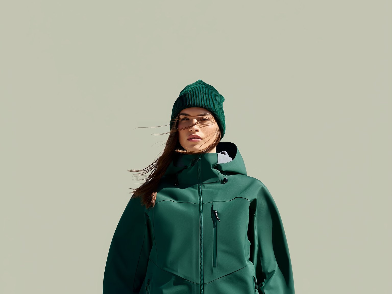 A woman walking outdoors on a cold, windy winter day