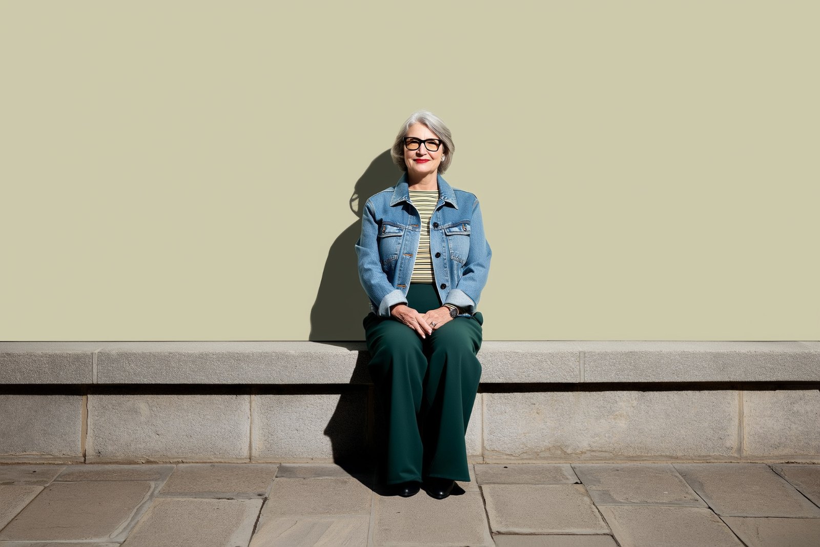 A woman wearing modern eyeglasses sitting outdoors