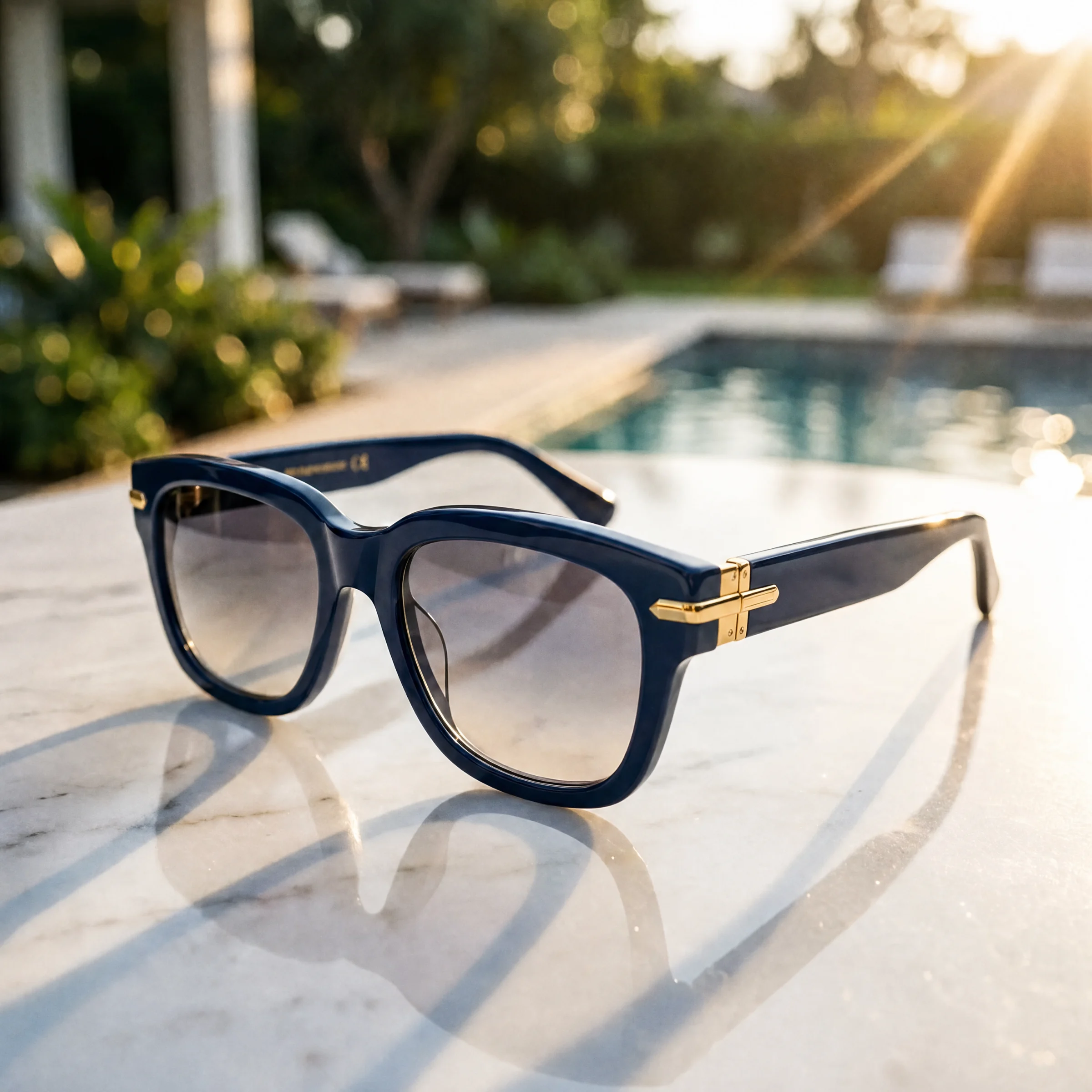 Blue glasses with gold details rest on a marble surface near a pool.