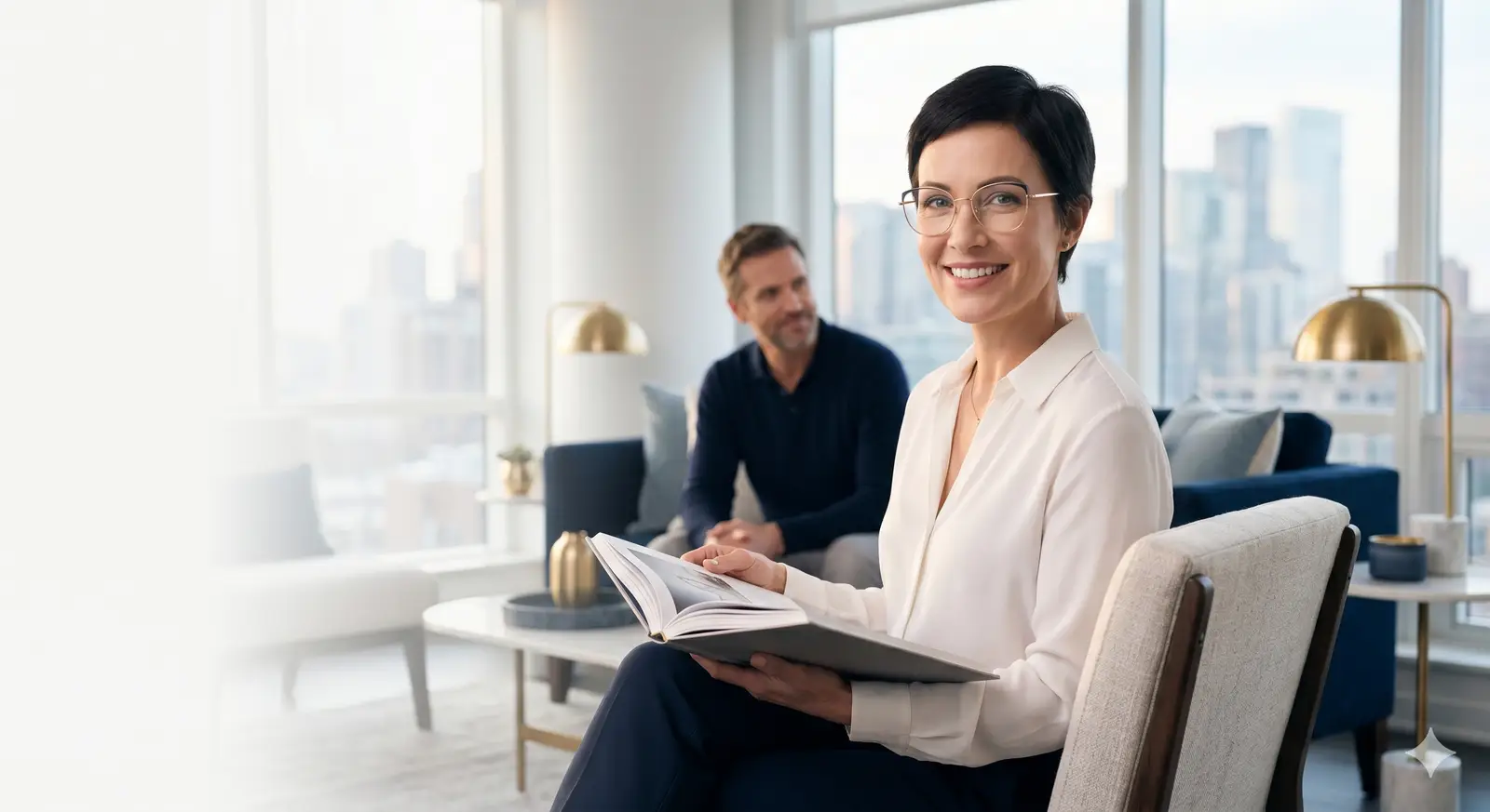 A woman sitting on a chair and reading a book while a man sitting on a couch behind her looks at her smiling.