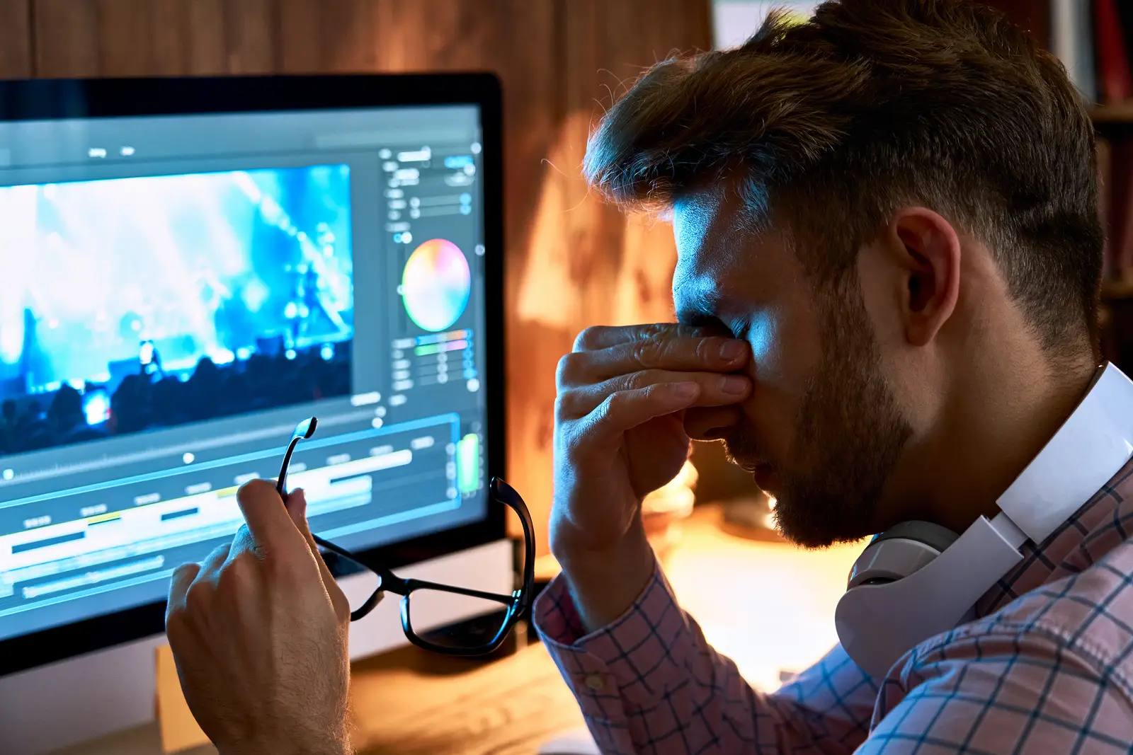 A man is sitting in front of a computer screen and is probably doing some work. He is holding a pair of glasses in his left hand and is wearing a headset. He seems to be frustrated and is holding his face with his right hand. He is wearing a long-sleeved shirt with a checkered pattern. Behind him, there is a wooden cabinet with some stuff on top.