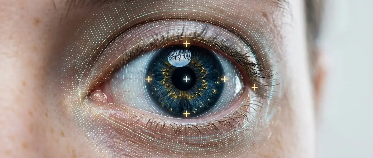 Close up of an eye with a crosshair overlay