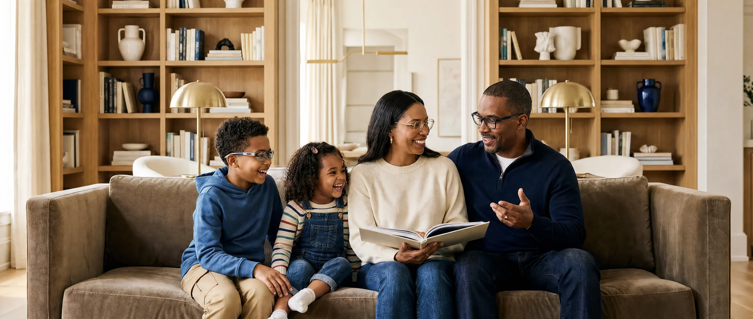 A family sitting on a couch, reading a book
