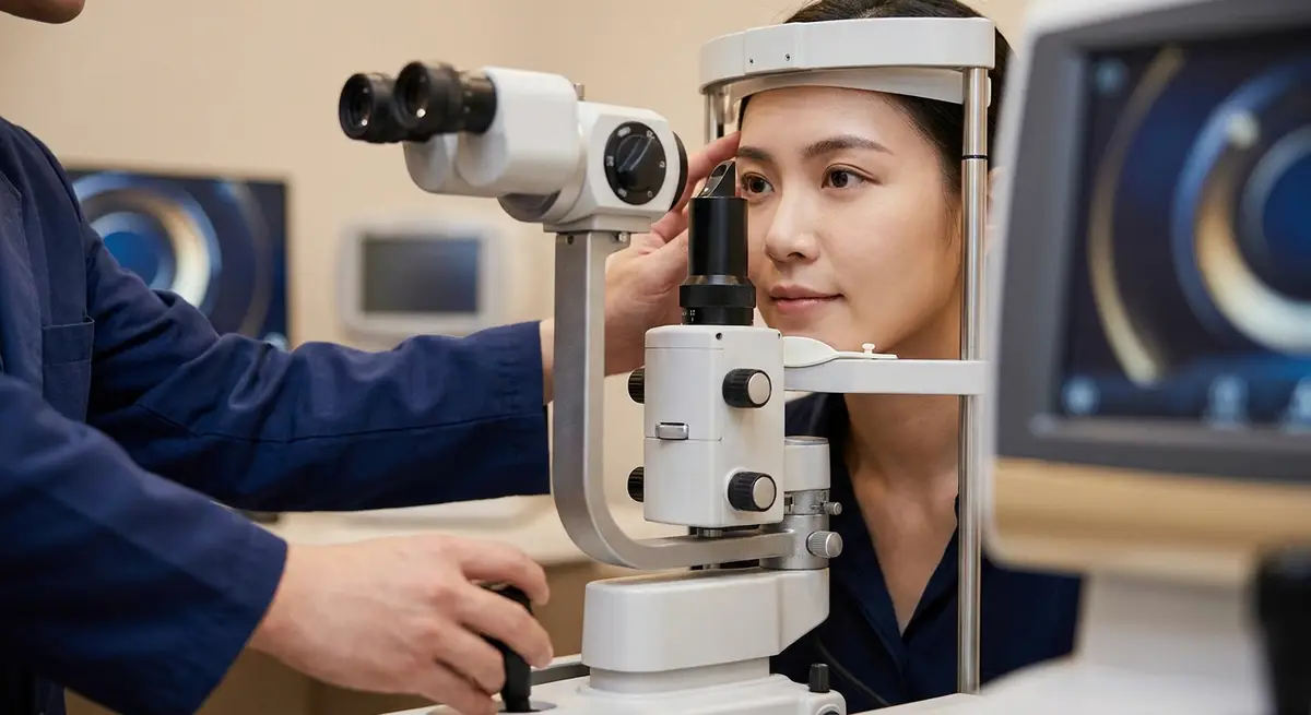 An optometrist is using an ophthalmoscope to check a patient's eye.