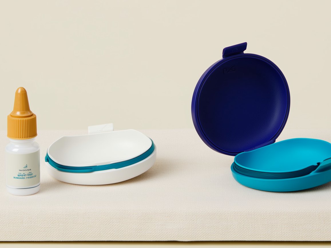 Open contact lens cases and a bottle of lens solution