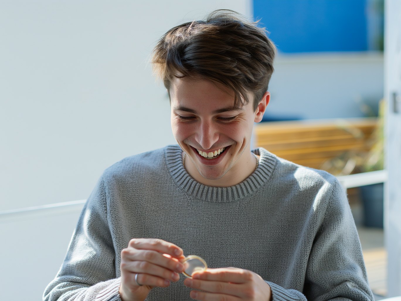 A smiling young man holding a contact lens case at home