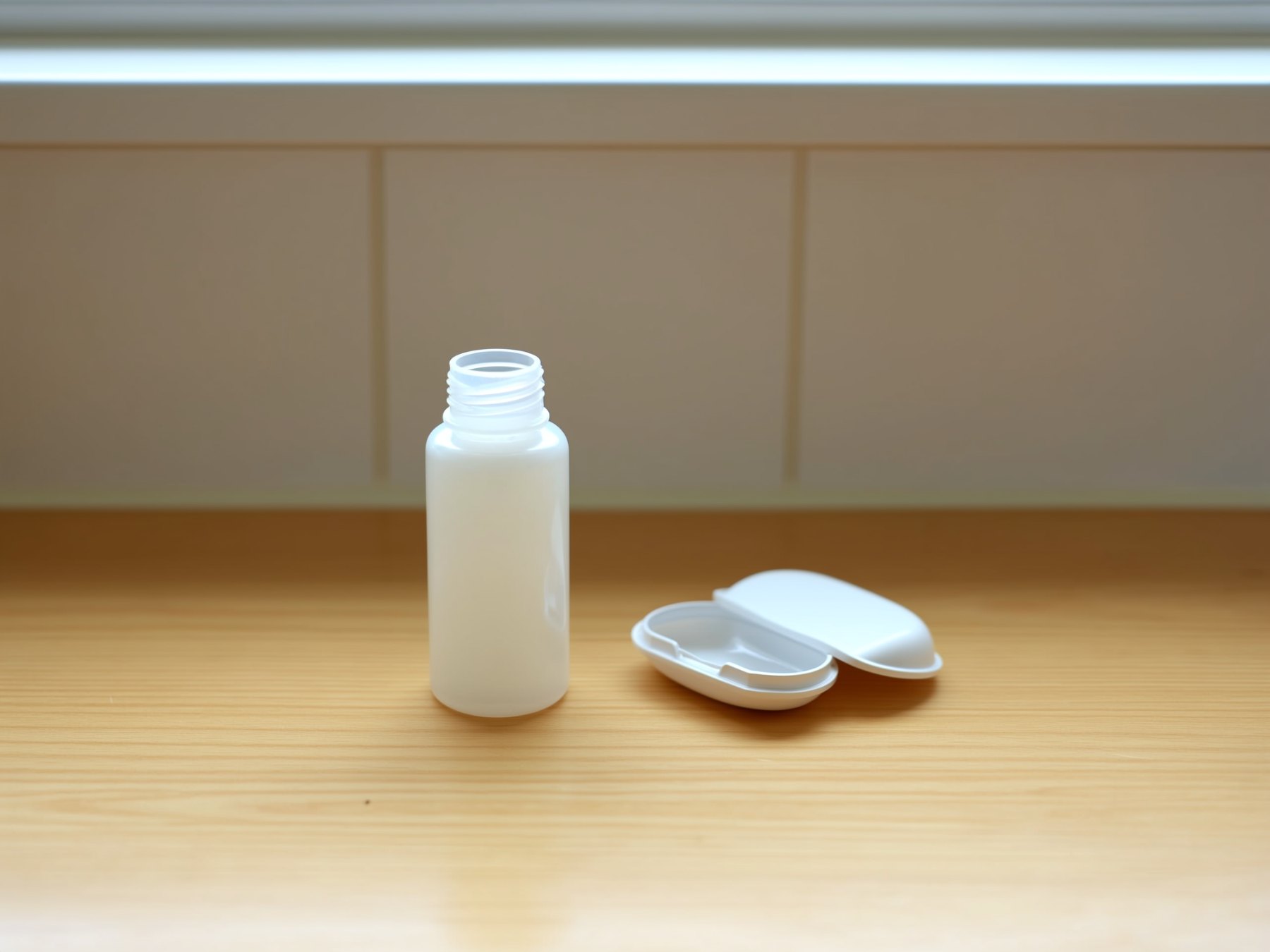 A bottle of eye drops beside an open contact lens case