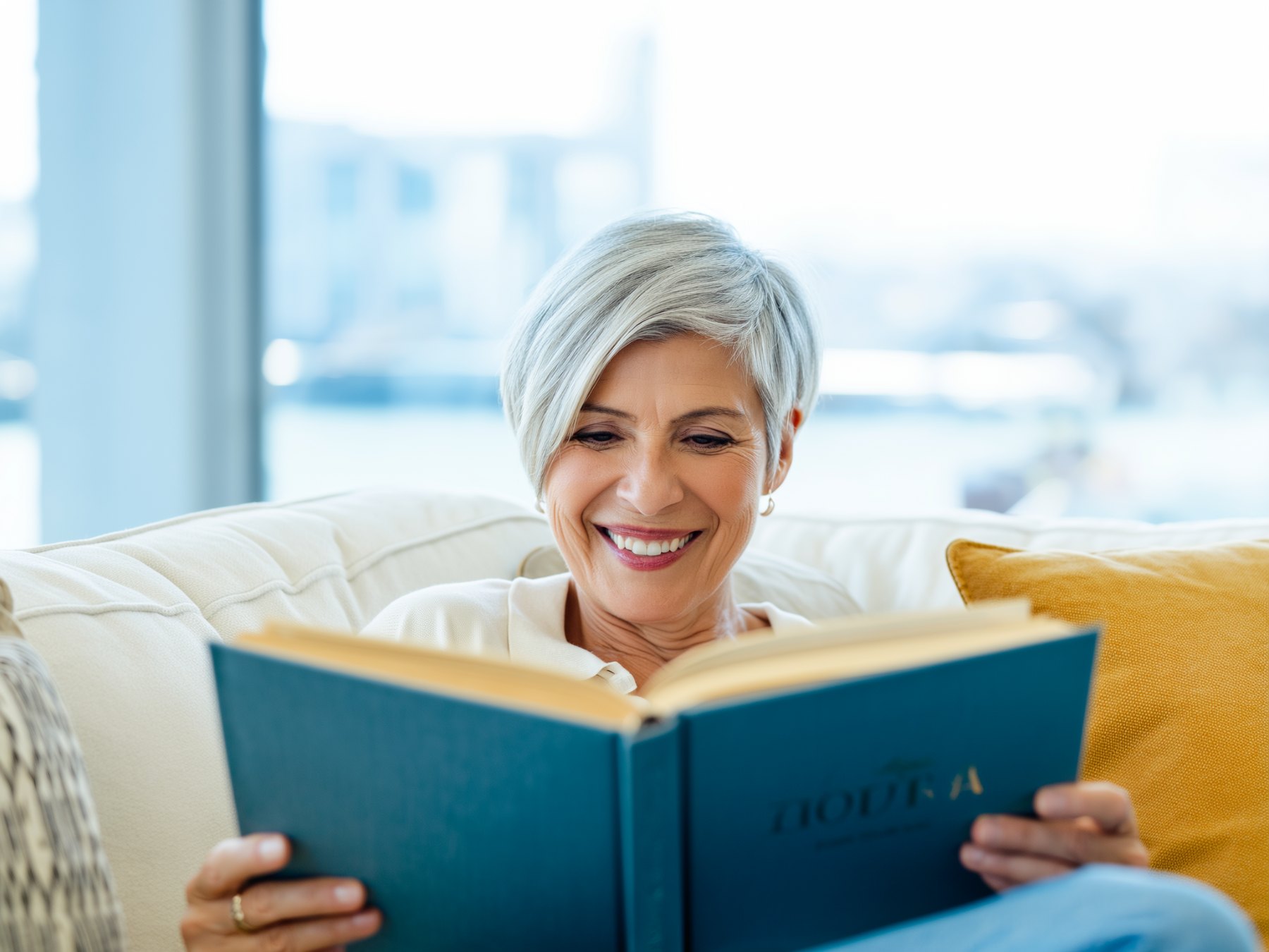 A smiling woman with silver hair reading a book at home