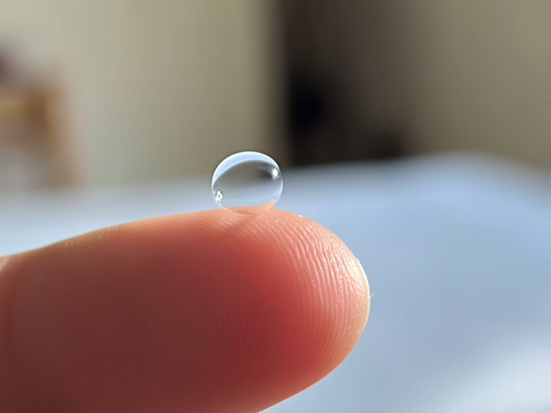 A small rigid contact lens on a fingertip